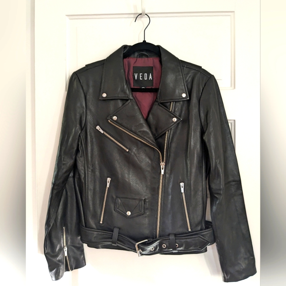 Veda Black Leather Moto Jacket size L